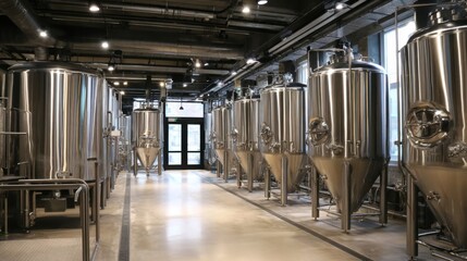 A brewing facility features multiple stainless steel fermentation tanks arranged neatly in a modern industrial space. The room is brightly lit, showcasing the brewing process.