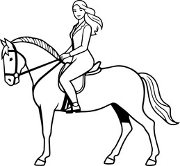 Black and white line art of a beautiful woman with perfect body riding horse elegant minimalist illustration