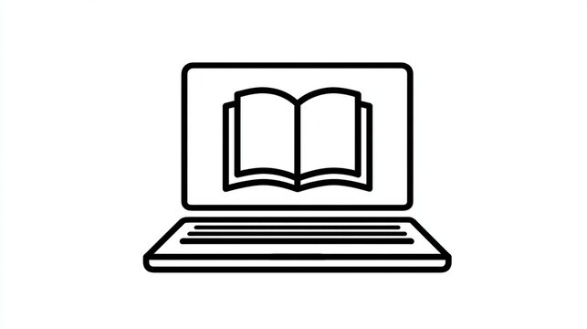 A simple line drawing of a laptop computer displaying an open book icon on its screen, symbolizing online learning or digital reading