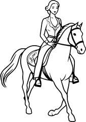 Black and white line art of a beautiful woman with perfect body riding horse elegant minimalist illustration