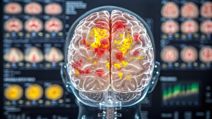 Fototapeta premium Cognitive disorder concept ,brain map Alzheimer disease areas highlighted with inflammation and plaque visualization