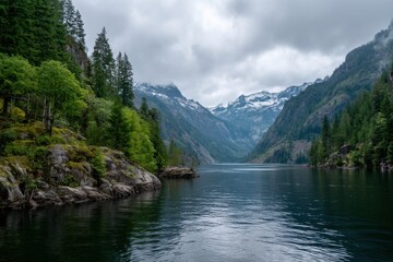 A serene mountain lake surrounded by lush pine forests and rocky cliffs beneath a cloudy, dramatic sky