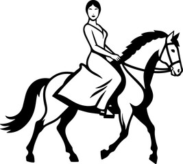 Black and white line art of a beautiful woman with perfect body riding horse elegant minimalist illustration
