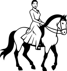 Black and white line art of a beautiful woman with perfect body riding horse elegant minimalist illustration
