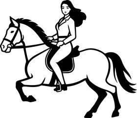 Black and white line art of a beautiful woman with perfect body riding horse elegant minimalist illustration