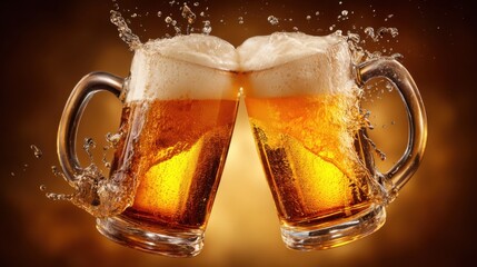 Two glass mugs of beer are raised and clinked together in celebration, overflowing with frothy bubbles, surrounded by warm lighting at a lively evening event.