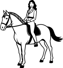 Black and white line art of a beautiful woman with perfect body riding horse elegant minimalist illustration