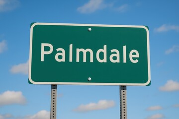 Green road sign displaying "Palmdale" in white text, set against a bright blue sky with scattered fluffy clouds.
