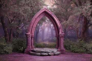 A Gothic archway of pink stone, adorned with pillars, sits on a stone platform amidst a mystical, misty forest of pink-blossomed trees