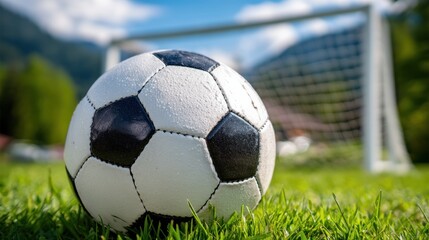 A close-up of a soccer ball on green grass with a goalpost in the background, set outdoors on a sunny day