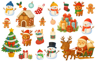 Cute Christmas Illustration Set with Santa Claus, Snowman, Reindeer, Tree, Gifts and Ornaments／かわいいクリスマス イラストセット（サンタ・雪だるま・トナカイ・ツリー・ギフト・オーナメント）