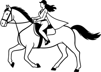 Black and white line art of a beautiful woman with perfect body riding horse elegant minimalist illustration