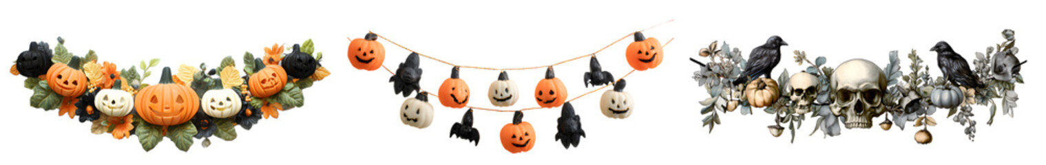 Halloween garland with pumpkins skulls and bats isolated on transparent PNG background, white background, cut out