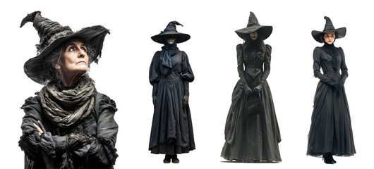 Halloween witch woman in black dress isolated on transparent PNG background, white background, cut out