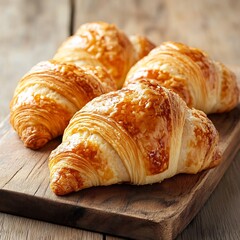 Golden croissants on a wooden board, a delightful display of freshly baked pastry perfection for breakfast or a bakery showcase