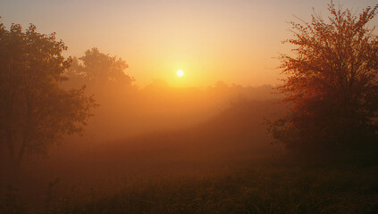 Fototapeta premium 朝靄が木立をやわらかく覆う幻想的な山林をミニマル構図で表現し、コピースペースを十分に確保した高汎用のヒーロー背景.生成AI