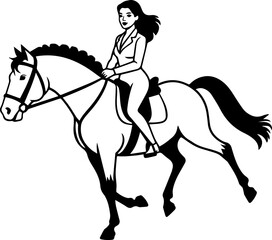 Black and white line art of a beautiful woman with perfect body riding horse elegant minimalist illustration