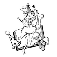 Vector illustration of a cat in a magic hat, holding a wand, and a spell book. Black and white illustration for children's crafts, stationery, textiles, and interior design.