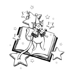 A wizard cat and a magic spell book. Black and white vector illustration for children's crafts, stationery, textiles, and interior design.