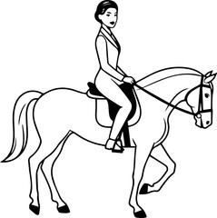 Black and white line art of a beautiful woman with perfect body riding horse elegant minimalist illustration