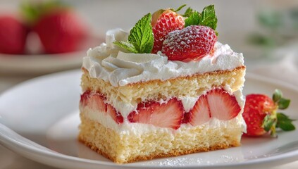 A delectable slice of strawberry shortcake, layered with whipped cream and fresh strawberries, dusted with powdered sugar, served on a white plate (1)
