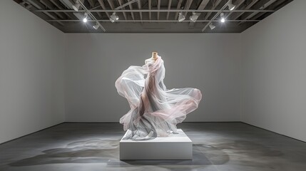 Elegant fashion art installation of flowing fabric dress displayed on mannequin in modern gallery, contemporary textile sculpture blending couture design with abstract artistic expression