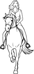 Black and white line art of a beautiful woman with perfect body riding horse elegant minimalist illustration