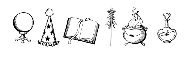A set of magical attributes for a witch: a fortune-telling ball, hat, book, wand, cauldron, and potion. Vector illustration for cards, invitations, stickers, notepads, notebooks, and albums.