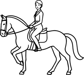 Black and white line art of a beautiful woman with perfect body riding horse elegant minimalist illustration