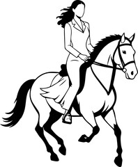 Black and white line art of a beautiful woman with perfect body riding horse elegant minimalist illustration