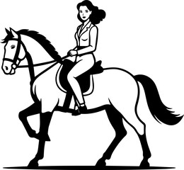Black and white line art of a beautiful woman with perfect body riding horse elegant minimalist illustration