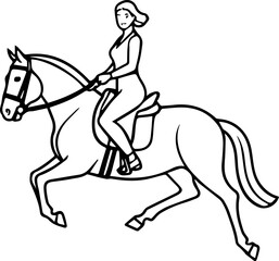 Black and white line art of a beautiful woman with perfect body riding horse elegant minimalist illustration