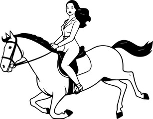 Black and white line art of a beautiful woman with perfect body riding horse elegant minimalist illustration