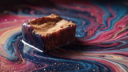 A golden-brown cube, possibly a confection, rests on a vibrant, swirling expanse of multi-colored paint flecked with gold glitter
