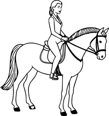 Black and white line art of a beautiful woman with perfect body riding horse elegant minimalist illustration