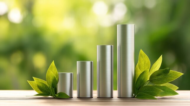 Four metallic cylindrical bars arranged in ascending order with green leaves, symbolizing eco-friendly growth and sustainability