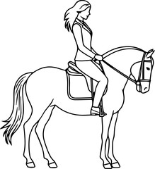 Black and white line art of a beautiful woman with perfect body riding horse elegant minimalist illustration