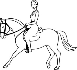Black and white line art of a beautiful woman with perfect body riding horse elegant minimalist illustration