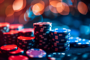 Stacks of poker chips on casino table with dramatic bokeh lighting