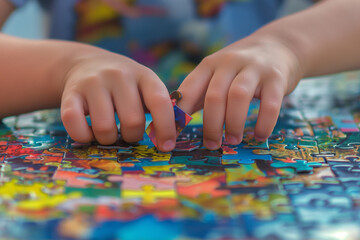 Child hands assembling colorful jigsaw puzzle on table, close-up