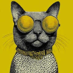 Cool cat wears stylish yellow glasses in bold dot pattern art on bright yellow background