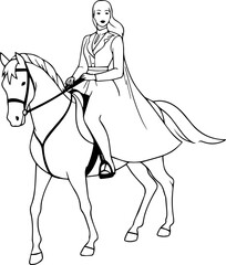 Black and white line art of a beautiful woman with perfect body riding horse elegant minimalist illustration