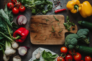Assortment of fresh vegetables around empty cutting board, top view