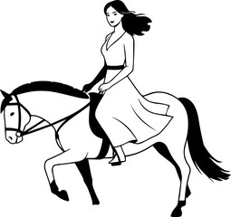 Black and white line art of a beautiful woman with perfect body riding horse elegant minimalist illustration