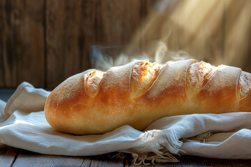 Freshly baked rustic bread in warm sunlight on linen cloth