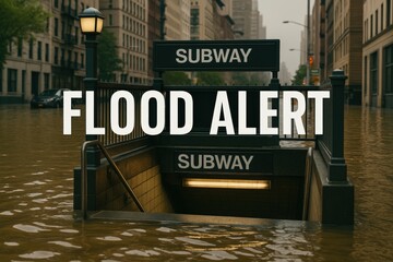 The phrase "FLOOD ALERT" appears above a flooded urban street and partially submerged subway entrance, symbolizing severe weather and transit disruption.
