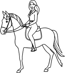 Black and white line art of a beautiful woman with perfect body riding horse elegant minimalist illustration