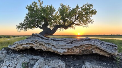 Serene Sunset Landscape: Large Tree with Green Leaves (Sculptural Trunk) at Center, Bright Orange Sun Reflects on Water, Textured Pale Rock Terrain in Foreground