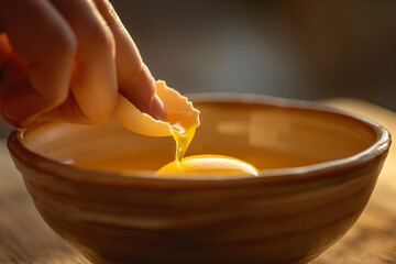 Breaking raw egg into ceramic bowl for cooking or baking