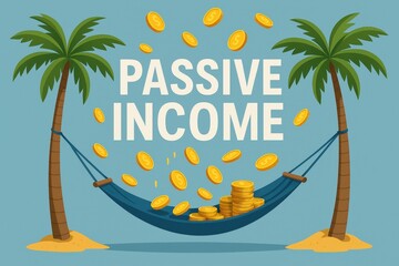 Gold coins fall into a hammock strung between palm trees beneath the words "PASSIVE INCOME," symbolizing effortless earnings and financial freedom.